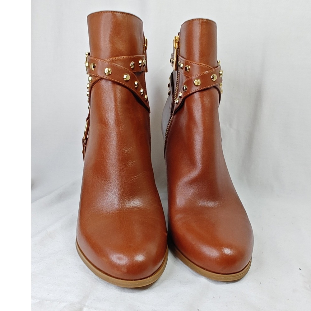 Michael Kors Kincaid Ankle Boots Brown Leather Studded Block Heel Logo 9M - Picture 4 of 9
